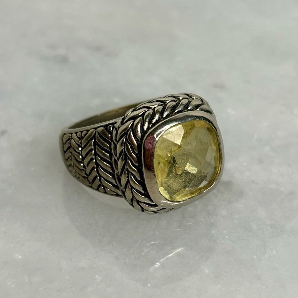 Vintage Lucky Brand Silver Faceted Chunky Citrine Herringbone Ring 8.5
